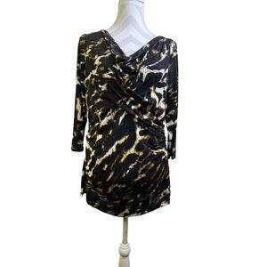 Vince Camuto Blouse Large Black Tan White Patterned Weighted Cowl Neck